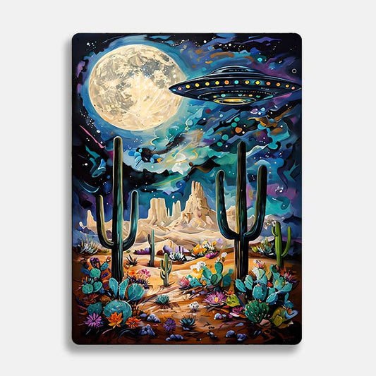 Desert Landscape Under Full Moon UFO Alien | Metal Sign Plaque