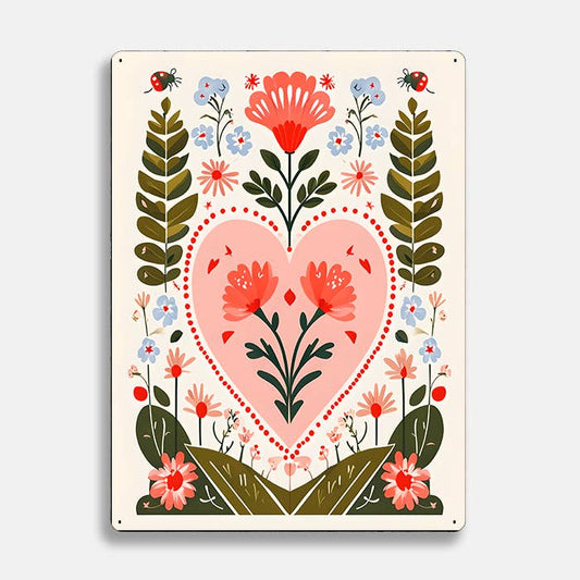 Heart Botanical Flowers scandinavian folk | Metal Sign Plaque