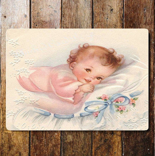 Baby Pink Dress Blue Ribbon | Metal Sign Plaque