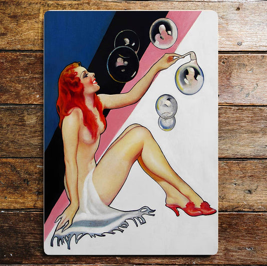 Pin up girl red hair bubbles Metal Sign Plaque