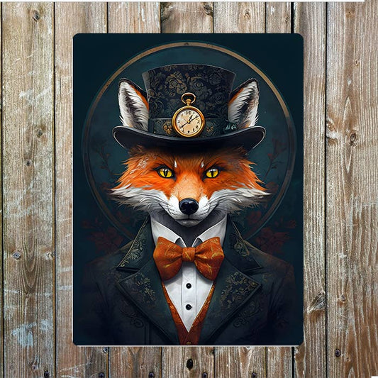 Fox In Elegant Formal Attire With Top Hat | Metal Sign Plaque