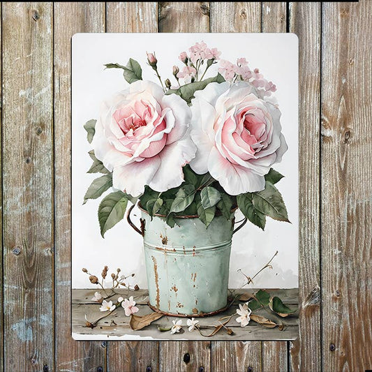 Watercolour White Roses Rustic Bucket | Metal Sign Plaque
