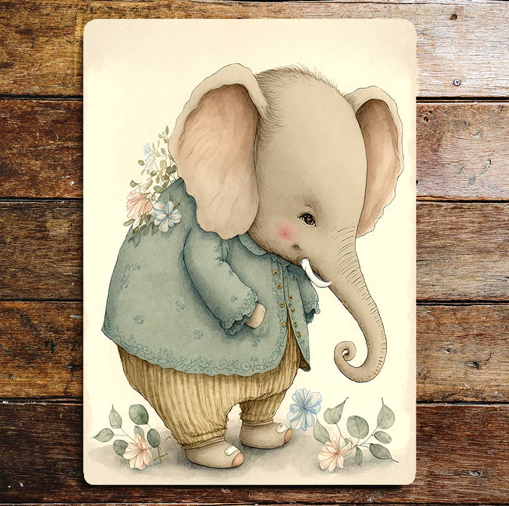 Cute Elephant Flowers Minimalistic Coat | Metal Sign Plaque