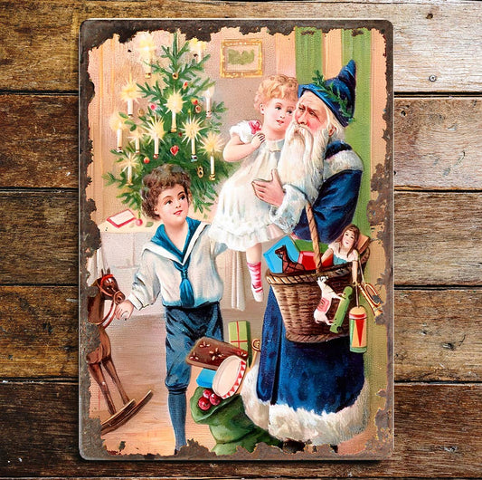 Vintage Santa Blue  Christmas | Metal Vintage Wall Sign