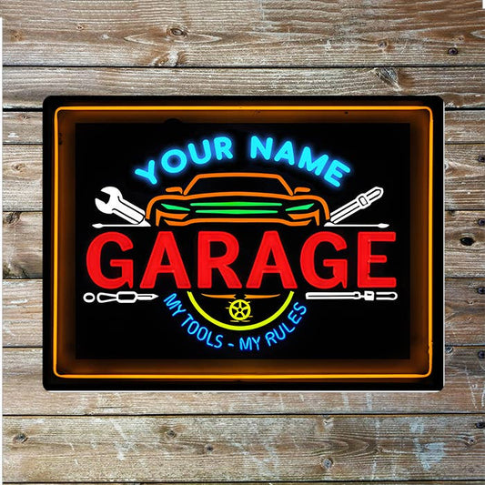 Garage Neon Style Name Custom Personalised | Metal Wall Sign
