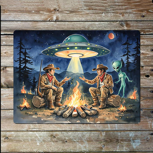 Cowboys Campfire Night Alien UFO | Metal Sign Plaque