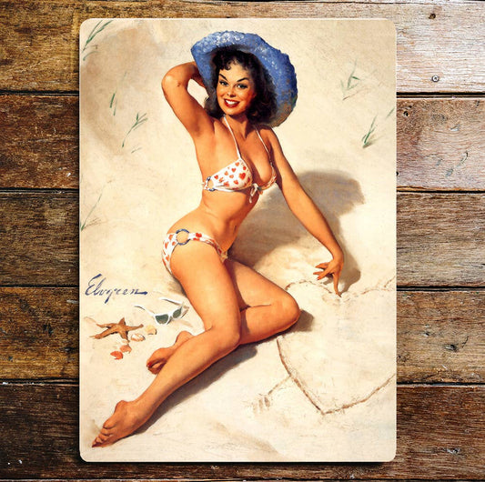 Pin Up Girl Beach Bikini Sun Hat Metal Wall Sign