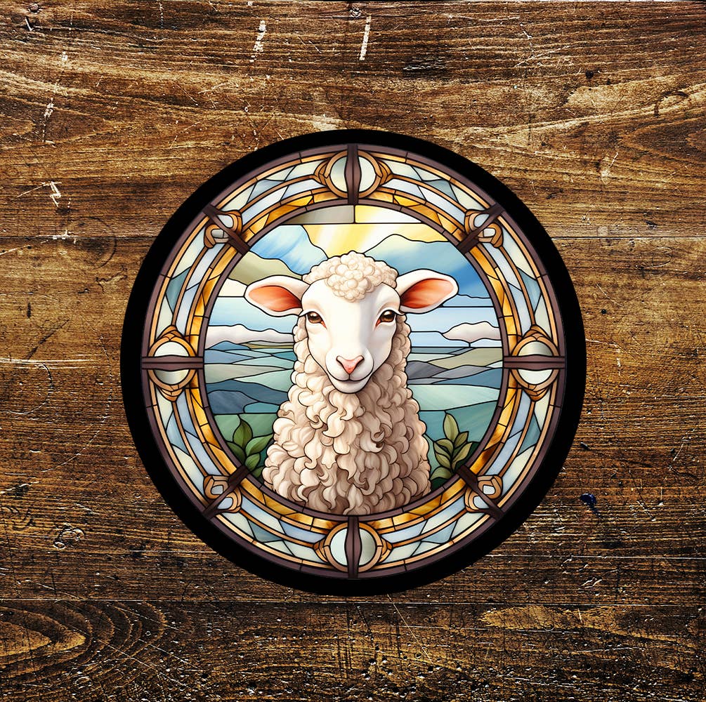 Baby Sheep Spring Stained Glass affect Metal Sign Circle