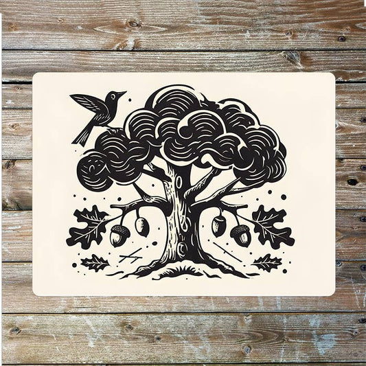 Bird In A Tree Acorn Woodcut Style | Metal Sign Plaque