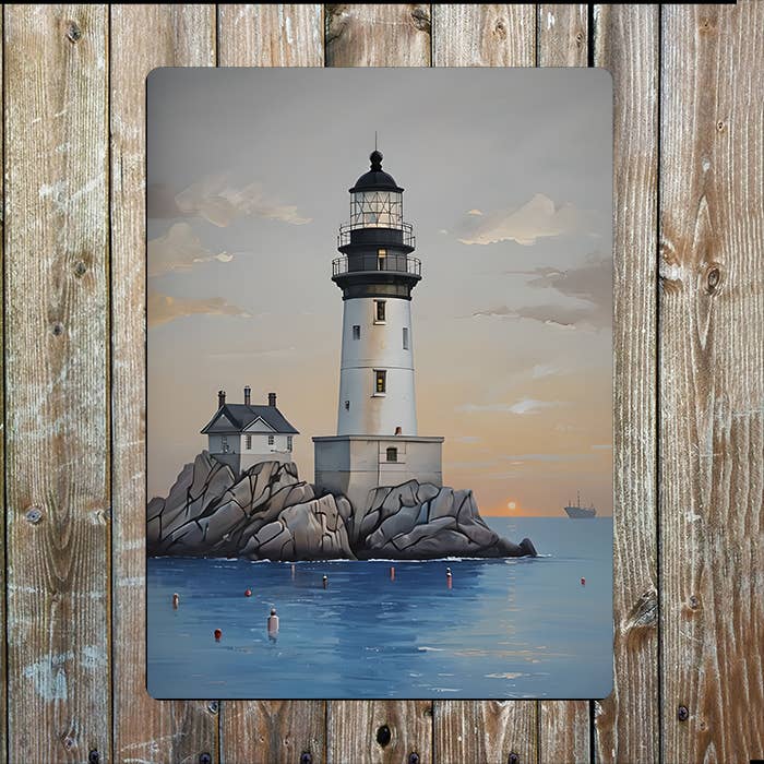 Twilight Lighthouse Calm Wate Sea Nautical | Metal Sign Plaque