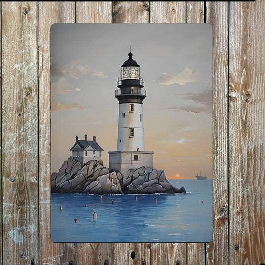 Twilight Lighthouse Calm Wate Sea Nautical | Metal Sign Plaque