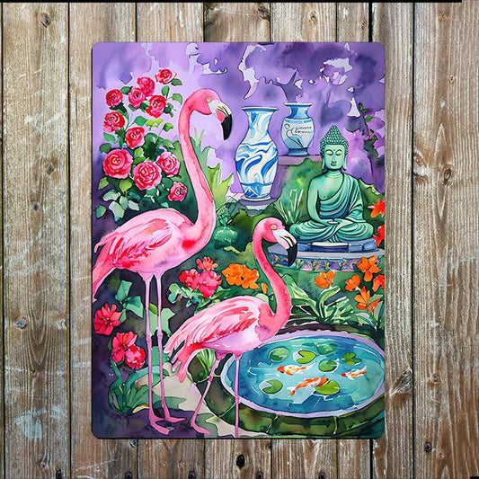 Vibrant Flamingos Buddha | Watercolour | Metal Sign Plaque