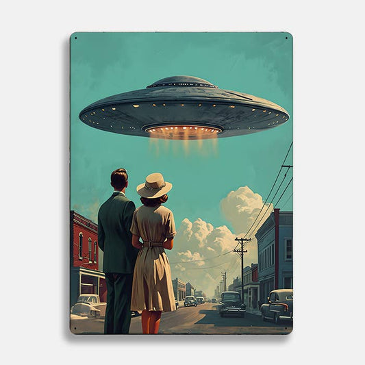 Classic UFO Over A Town Retro | Metal Sign Plaque