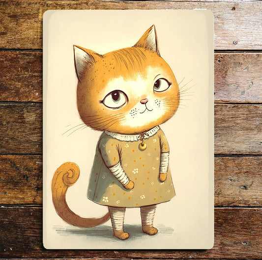Cute Orange Cat Girl Floral Dress | Metal Sign Plaque