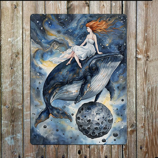 Whale And Woman In Space Sea Nautical | Metal Sign Plaque