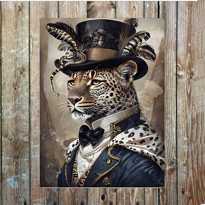 Leopard In Regal Attire With Elegant | Metal Sign Plaque