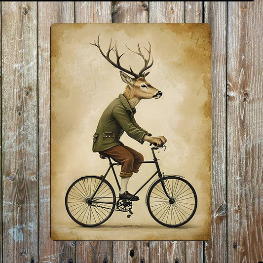 Deer Riding Vintage Bicycle | Metal Sign Plaque