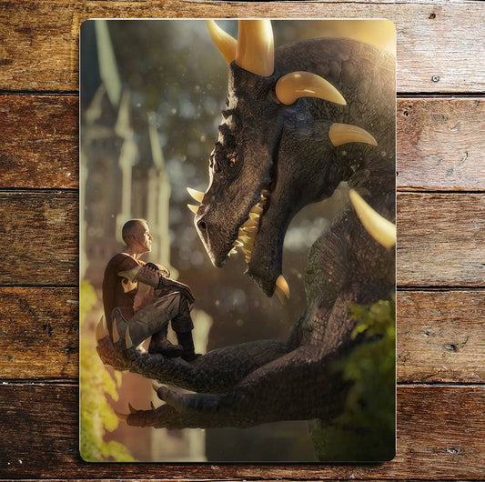 Dragon Man In Hand Teeth Horns | Metal Sign Plaque
