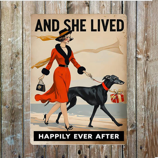 Vintage Illustration Woman Greyhoud | Metal Sign Plaque