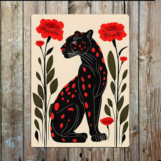 Black Panther With Red Spot Flowers Metal Sign Plaque