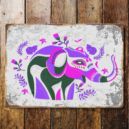 Retro Abstract Painted Elephant purple Metal Sign