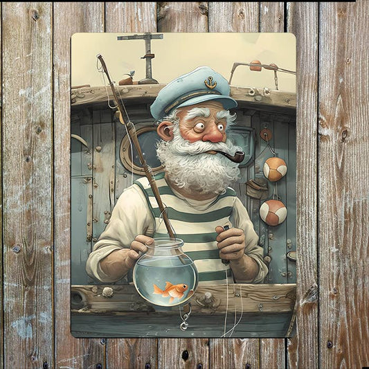 lderly Fisherman fishbowl Sea Nautical | Metal Sign Plaque