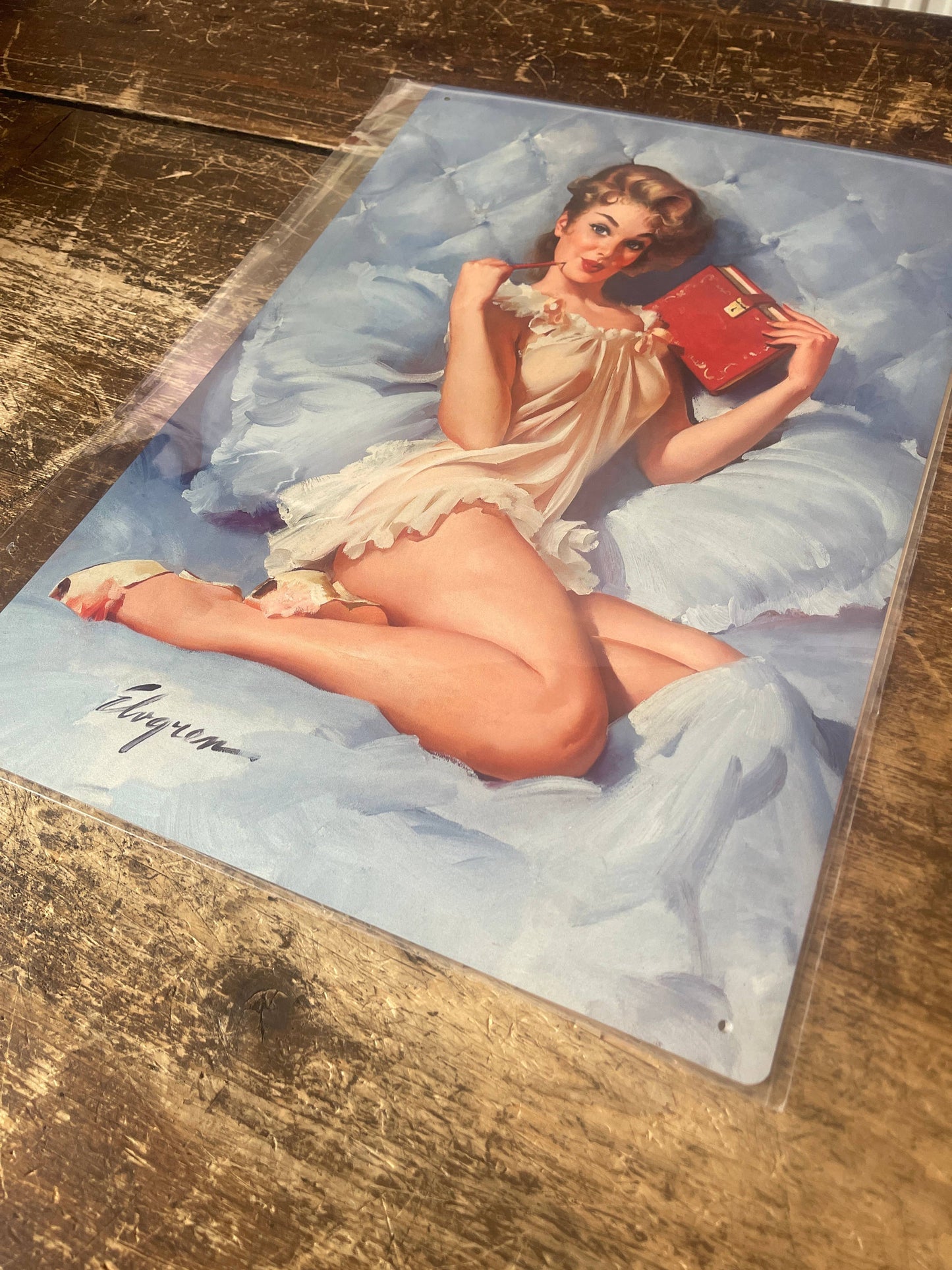 Bedroom Bed Book Pin Up Girl In Bath | Metal Sign