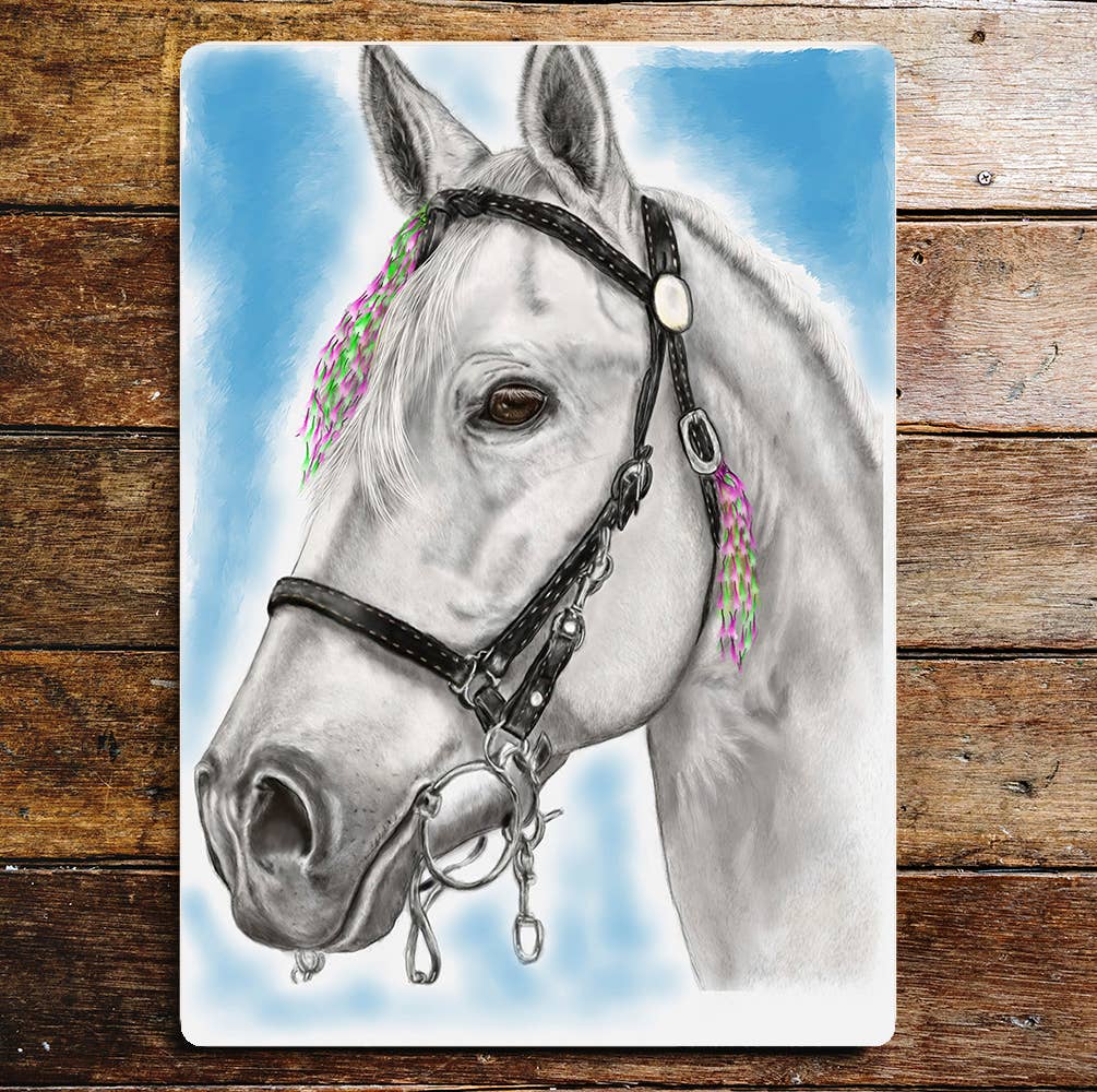 Grey Horse Head Portrait Hair Braids | Metal Sign Plaque