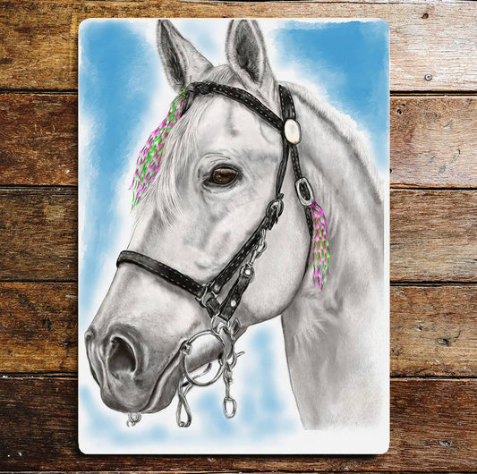 Grey Horse Head Portrait Hair Braids | Metal Sign Plaque