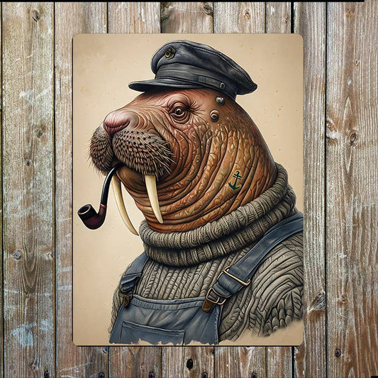 Walrus Dressed as a Ship Captain | Metal Sign Plaque