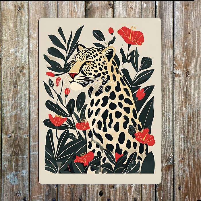 Stylized Leopard Lush Foliage Flowers Metal Sign Plaque