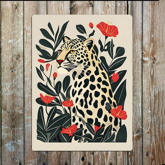 Stylized Leopard Lush Foliage Flowers Metal Sign Plaque