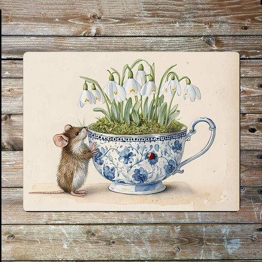 Mouse Teacup Snowdrops Watercolour Spring | Metal Sign Plaque