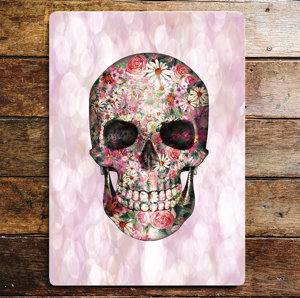 Skull Floral Flowers Pink Metal Wall Sign