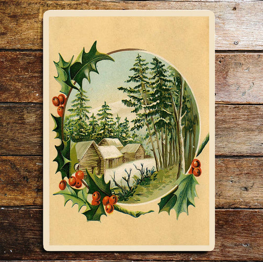 Christmas Scene Snow Holly Trees | Metal Sign Plaque