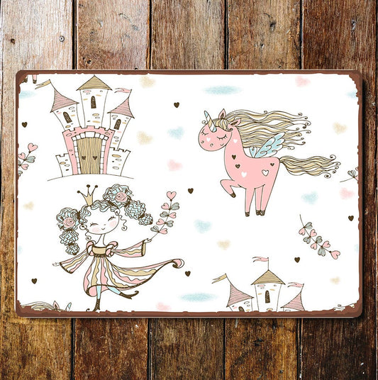 Princess Castle Unicorn Cute Metal Wall Sign Plaque