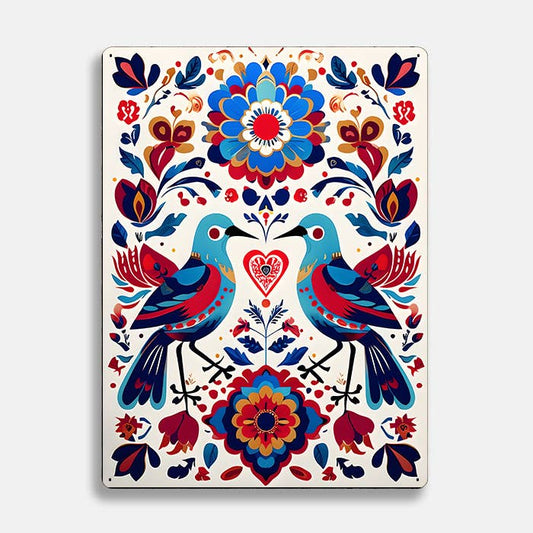 Vibrant Birds Flower scandinavian folk | Metal Sign Plaque