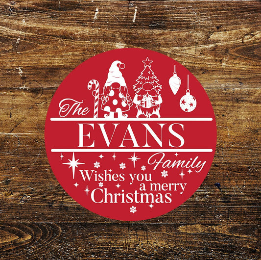 Red Christmas Decor Customize Family Name Circle Metal Sign