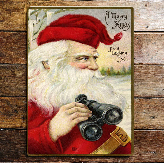 Santa Claus binoculars Christmas Metal Wall Sign