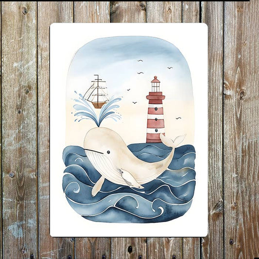 Watercolor Illustration Whale Sea Nautical | Metal Sign Plaque