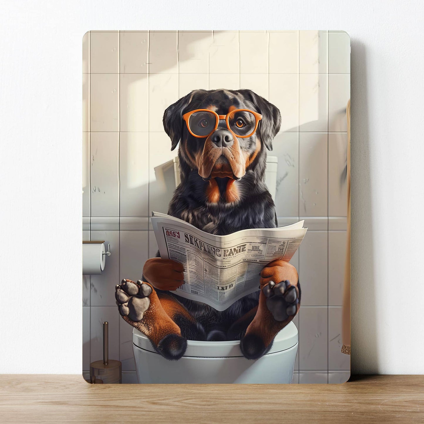 Rottweiler On Toilet Funny Bathroom Metal Sign Plaque