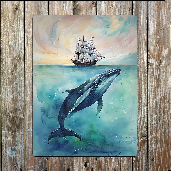 Watercolor Whale Sailing Boat Sea Nautical | Metal Sign Plaque