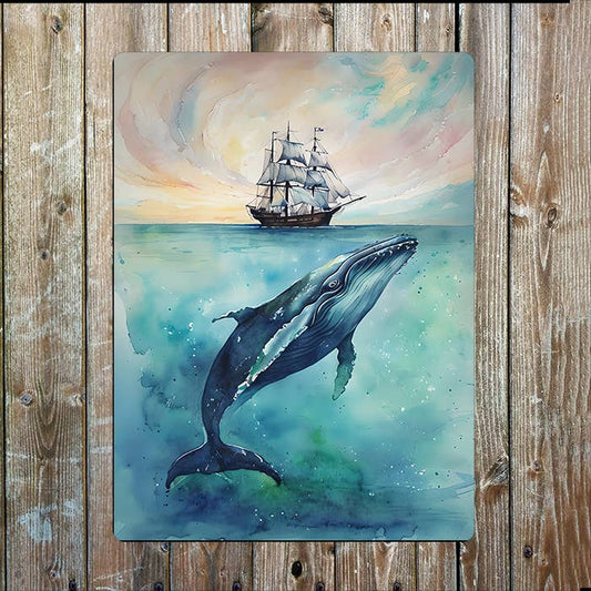 Watercolor Whale Sailing Boat Sea Nautical | Metal Sign Plaque