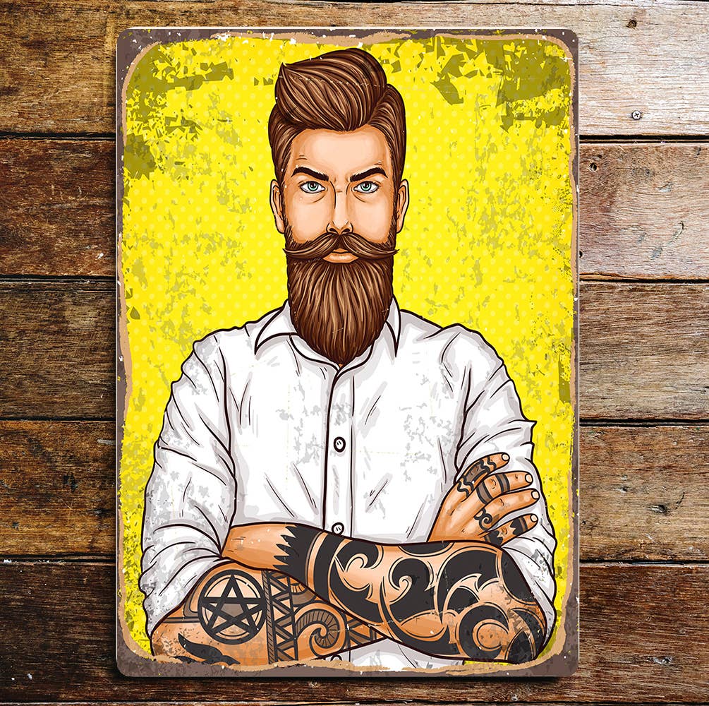 Pin Up Man Beard Tattoos Handsome Metal Sign Plaque