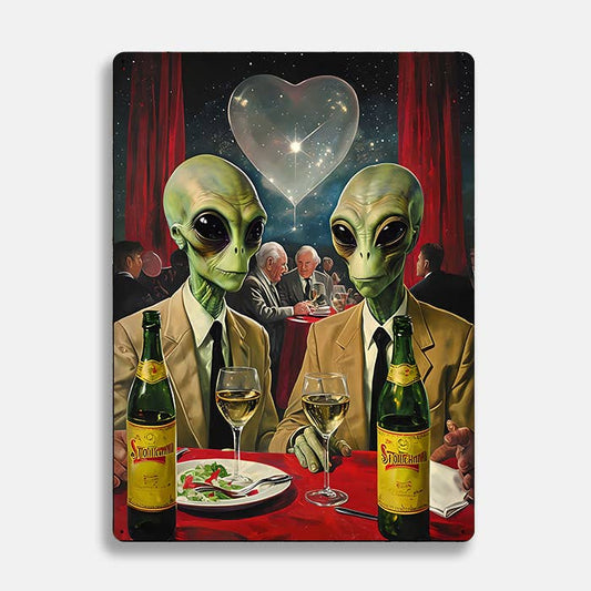 Surreal Dinner Scene With Two Alien UFO Metal Sign Plaque