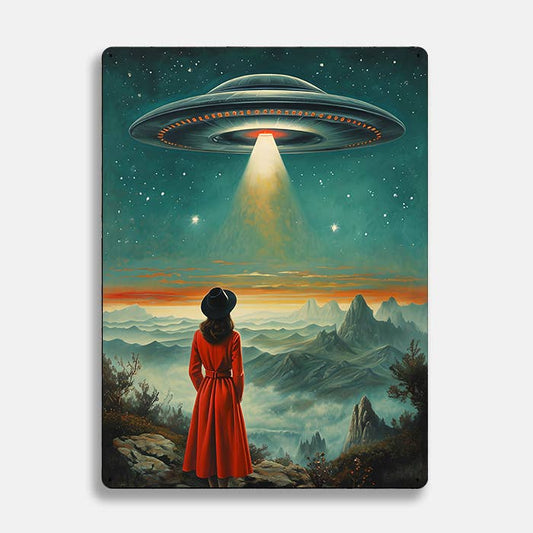 Woman Gazing At UFO Alien Twilight | Metal Sign Plaque