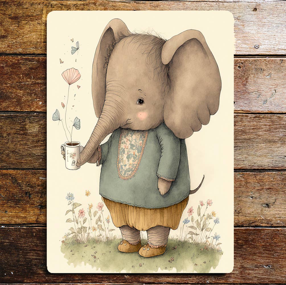 Cute Elephant Flowers Garden Minimalistic | Metal Sign Plaque
