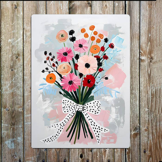 Bouquet Flowers Tied Polka Dot Ribbon | Metal Sign Plaque
