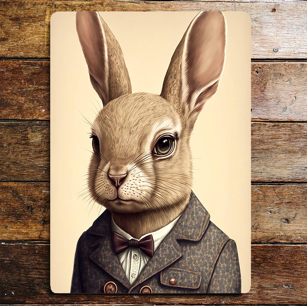 Retro Rabbit Portrait Suit Bow Tie Metal Sign Plaque