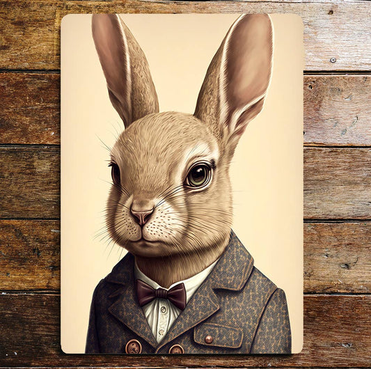 Retro Rabbit Portrait Suit Bow Tie Metal Sign Plaque